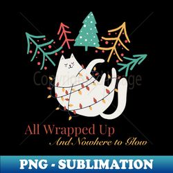Funny Christmas Cat Wrapped in Lights Surrounded by Trees - Exclusive PNG Sublimation Download - Fashionable and Fearless