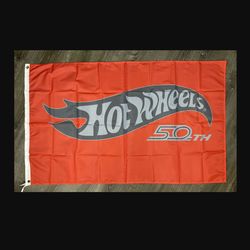 Hot Wheels Orange 50th Anniversary Flag 3x5 ft Banner Die Cast Toy Room Man-Cave