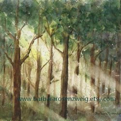 Forest Landscape Watercolor Painting, Light Beams in the Woods Wall Art