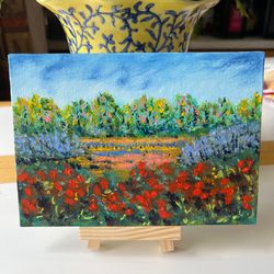 Original Landscape painting, flower field 5x7 wall art on canvas board