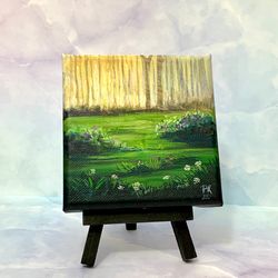 Original Small Acrylic Landscape Painting on Canvas with Free display easel  Sunrise in the meadow Ready to display