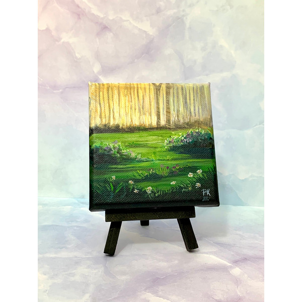 Original Small Acrylic Landscape Painting on Canvas with Free display easel  Sunrise in the meadow Ready to display.jpg