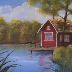 Lakeside Cottage - acrylic landscape painting on 16x12 canvas
