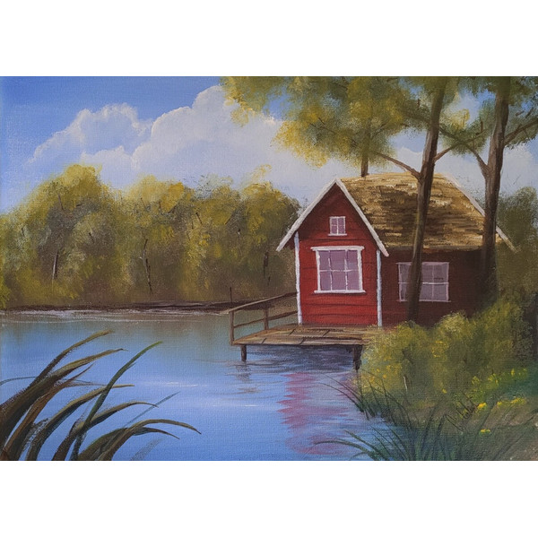 Lakeside Cottage - acrylic landscape painting on 16x12 canvas.jpg