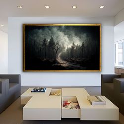 Forest landscape canvas, dark forest painting, surreal nature canvas print, scary night landscape painting, forest wall