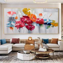 Blossom Colorful Flower Oil Painting on Canvas, Large Original Abstract Red Floral Landscape Painting Boho Living Room W