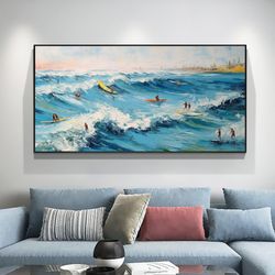Large Original Beach Seascape Oil Painting On Canvas, Canvas Wall Art, Abstract Surfer Sports Painting, Custom Painting,