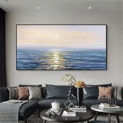 Large Sunset Seascape Oil Painting on Canvas, Original Abstract Yellow Sky Blue Ocean Landscape Acrylic Painting Living