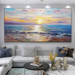 Original Sunset Seascape Oil Painting On Canvas, Large Wall Art, Abstract Blue Ocean Landscape Painting, Custom Painting