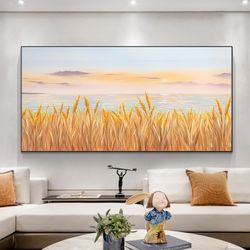 Abstract Sunset Seascape Oil Painting on Canvas, Large Wall Art, Original Minimalist Art Rice Ears Decor Custom Living R