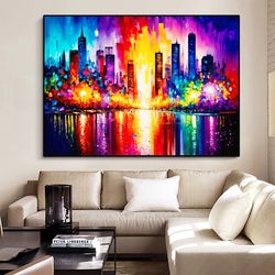 Original Colorful Cityscape Oil Painting on Canvas, Large Wall Art, Abstract City Night Landscape Art Custom Painting Li