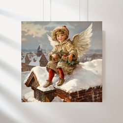 Shabby Chic Vintage angel Angel on the roof with Christmas gifts New Year's gifts for children from the Angel, Watercolo