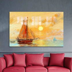 Glass Wall Art, Mural Art, Tempered Glass, Fishing Boats Paiting, Sea Landscape Wall Decor, Sunset Landscape Glass Art,