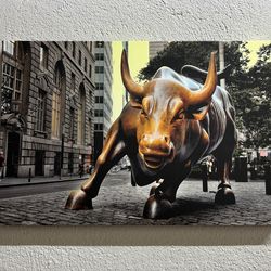Bull Satue Artwork, New York Landscape Art Canvas, Wall Street Poster, View Art Canvas, Charging Bull Poster, Buffalo Pr