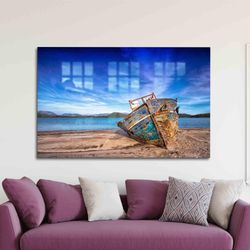 Mural Art, Wall Decoration, Tempered Glass, Old Boat On The Beach Wall Art, View Wall Decoration, Sea Landscape Glass De