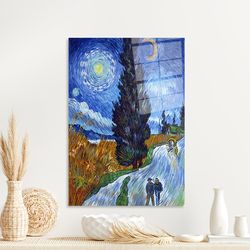 Road with Cypress and Star Wall Art, Sky Landscape Art Decor, Night Landscape Art, Tempered Glass, 3D Wall Art, Gift For