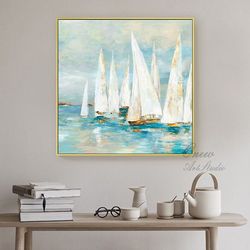 Abstract White Sailboats Painting on Canvas, Large Original Nautical Canvas Wall Art, Modern Seascape Oil Painting for L