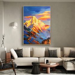 Golden Mountain Landscape Painting on Canvas, Abstract Mountain Wall Art,  Canvas Art Mountain, Original Blue and Gold W