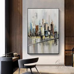 Original Brooklyn Bridge Canvas Wall Art, Abstract New York Cityscape Oil Painting on Canvas, Modern Manhattan Skyline p