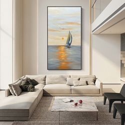 Original Seascape Oil Painting on Canvas, Abstract Sunrise Landscape Painting, Modern Ocean and Sailboat Canvas Wall Art