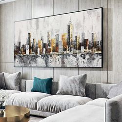 Abstract New York Cityscape Oil Painting on Canvas, Original Manhattan Canvas Wall Art, Modern urban painting for Living