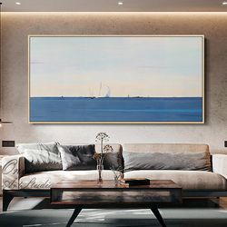 Abstract Seascape Oil Painting on Canvas, Large Original Ocean and Sailboats Canvas Art, Modern Minimalist Nautical Pain