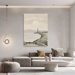 Impressionist Cape and Lighthouse Canvas Art, Abstract Seascape Oil Painting on Canvas, Original Textured Coastal Wall A