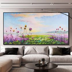 Original Landscape Painting on Canvas, Large Clouds and Flowers Wall Art,Modern lavender Canvas Art,Abstract Blooming Me