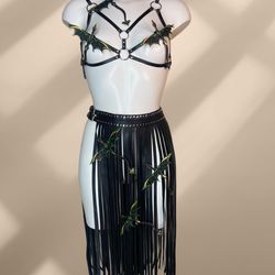 Sexy harnss set with dragons, Genuine leather skirt with Fringe, laser cut harness, whip and cake