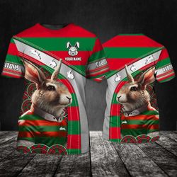 personalized south sydney rabbitohs 3d t-shirt: custom name & rabbit symbol - nrl fan gift