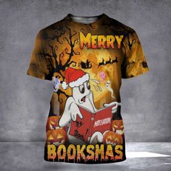 hilarious ghost reading merry booksmas 3d shirt: perfect christmas halloween gift for nerds