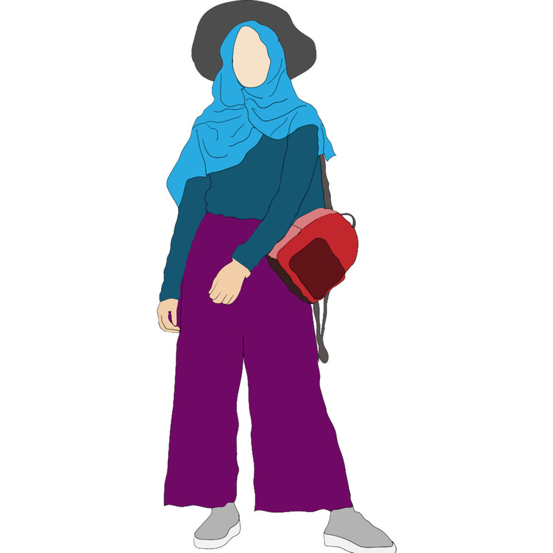 Woman in a long-sleeve blueand purple color dress With a Red Leather Backpack art design. Ess.png