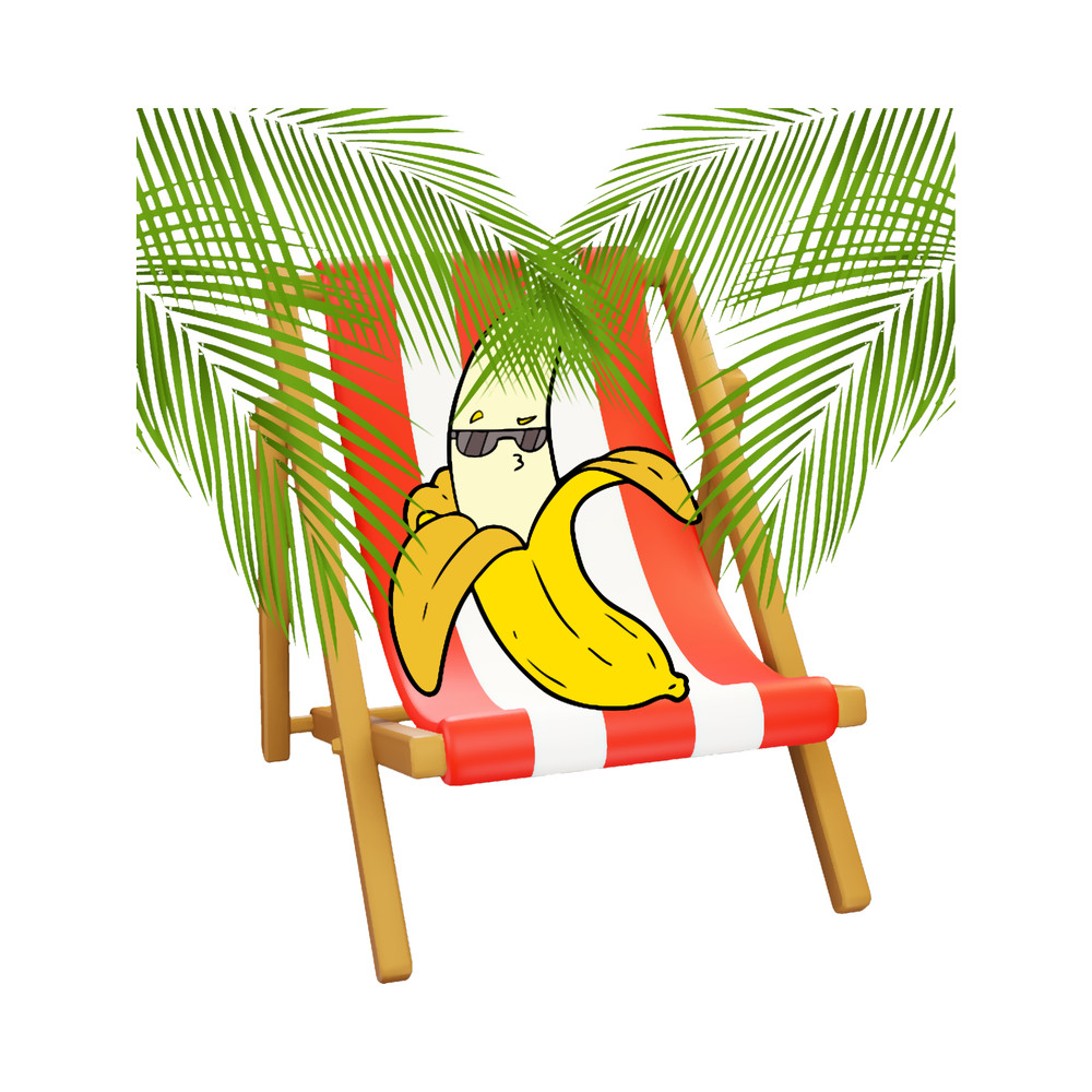 Folding chair with banana sitting under palm tree.png