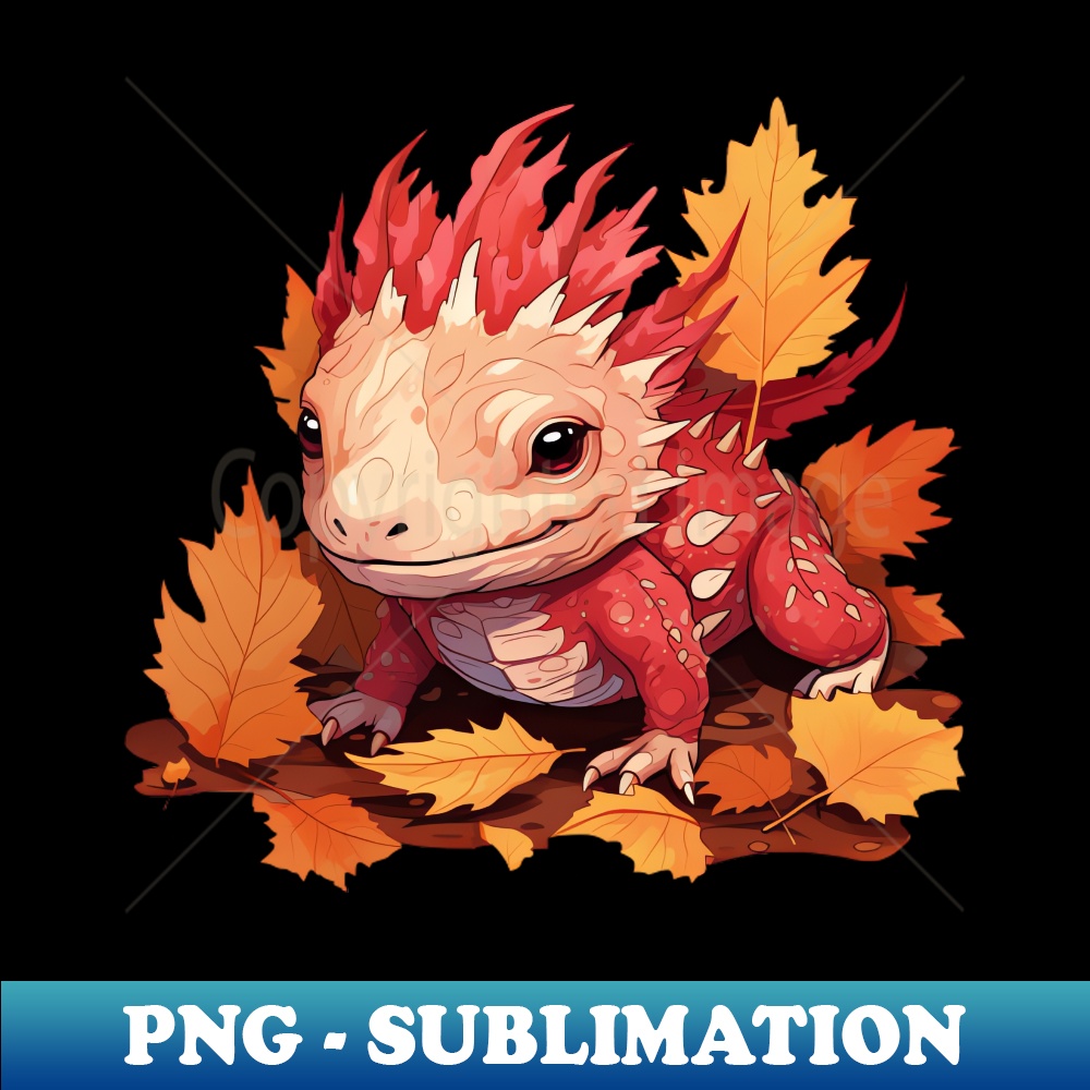 Autumn Axolotl Colorful Leaves and Dragon Motif in Mexican - Stylish Graphic T-Shirt PNG