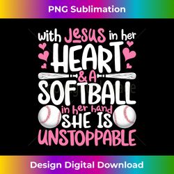 with jesus in her heart & a softball hand she is unstoppable long sl - minimalist sublimation digital file - lively and captivating visuals