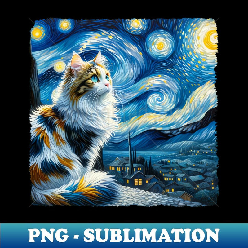 Turkish Van Starry Night Inspired - Artistic Cat - PNG Transparent Digital Download File for Sublimation