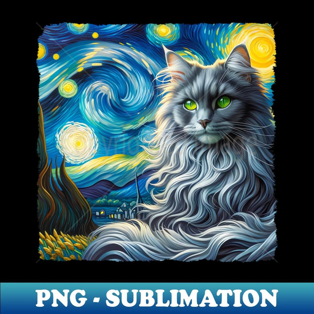 Nebelung Starry Night Inspired - Artistic Cat - Elegant Sublimation PNG Download