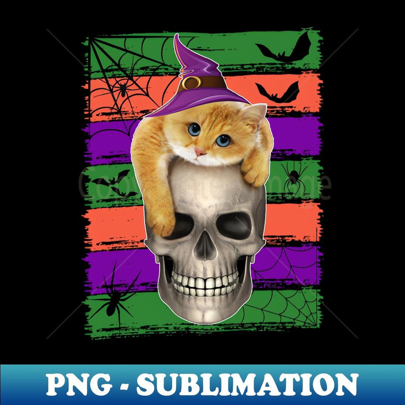 Cute Halloween Cat On Skeleton Skull Bones Head Sugar Skull - Aesthetic Sublimation Digital File