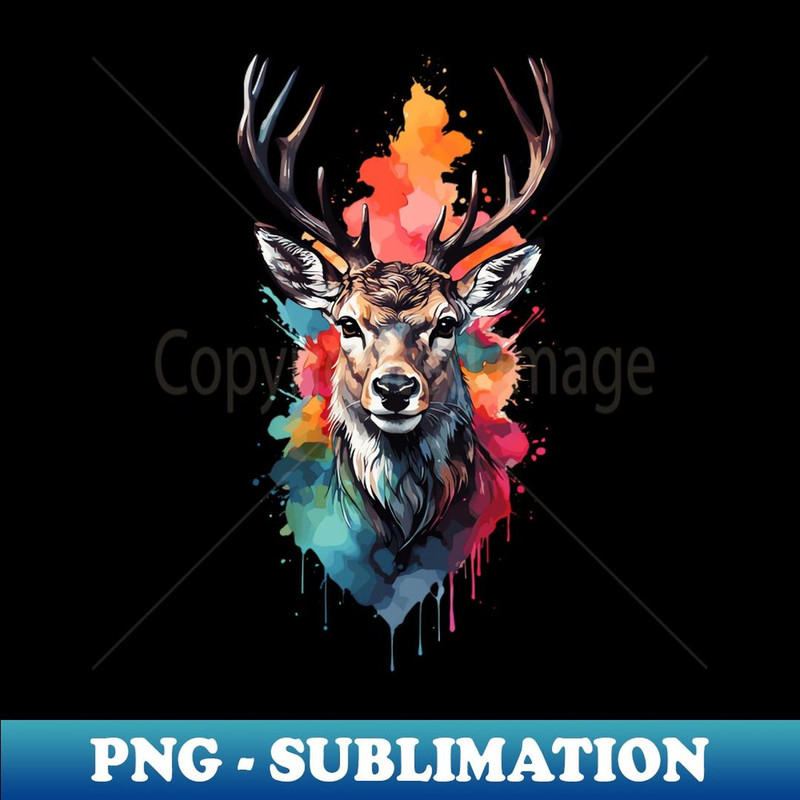Colorful Watercolor White-Tailed Buck Deer Portrait Design - PNG Transparent Sublimation File