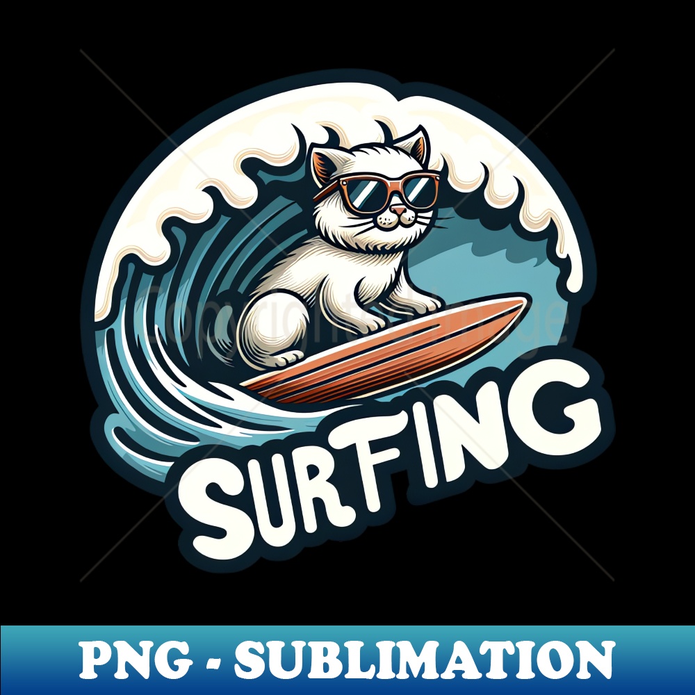 cat surfing ocean wave - Exclusive PNG Sublimation Download