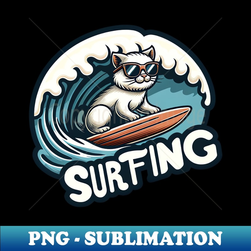 cat surfing ocean wave - Exclusive PNG Sublimation Download