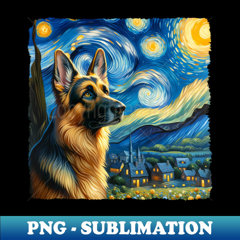 German Shepherd Starry Night-Inspired - Art Dog Painting - PNG Transparent Digital Download File for Sublimation