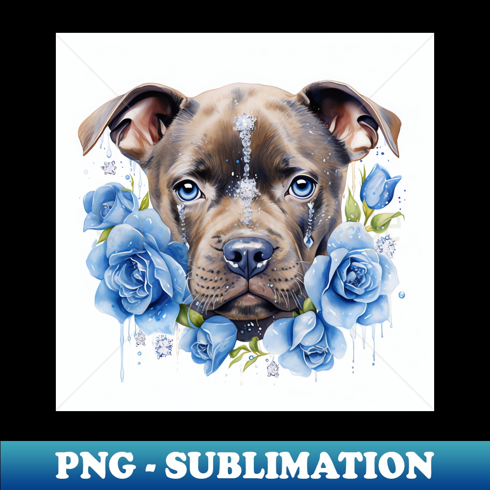 Staffy And Blue Roses - Vintage Sublimation PNG Download
