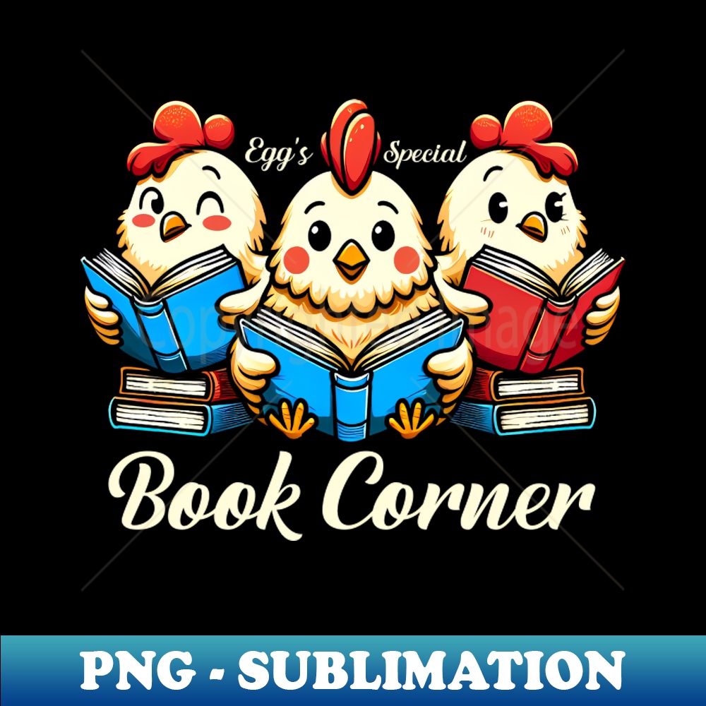 Egg's special book corner - simple library scene with chickens reading - Exclusive Sublimation Digital File