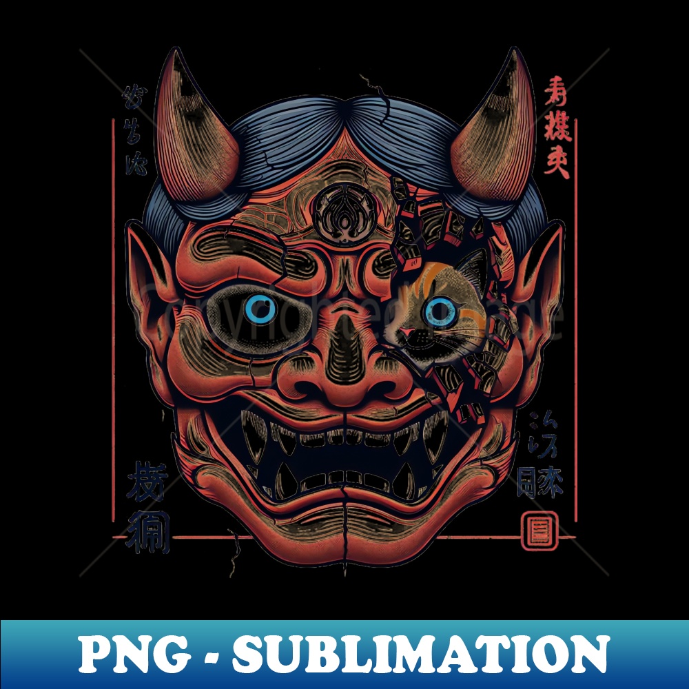 Cute Kitten Behind Japanese Oni Mask - Signature Sublimation PNG File