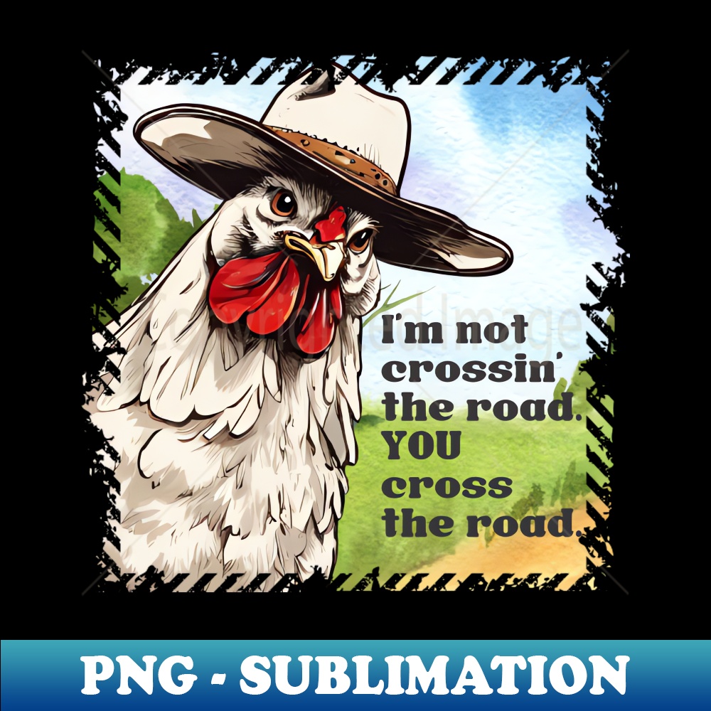 Funny western cowboy chicken crossing road farm animal - Vintage Sublimation PNG Download