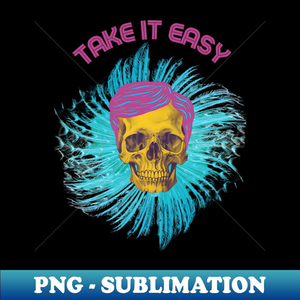 Take it easy mustard yellow skull with pink hair - PNG Sublimation Digital Download