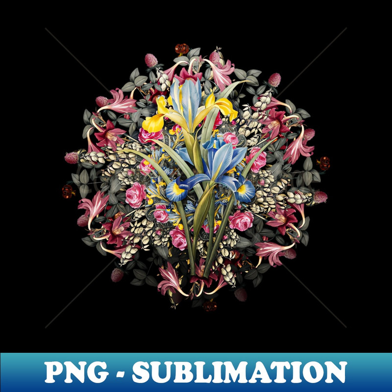 Vintage Spanish Iris Flower Wreath - Decorative Sublimation PNG File