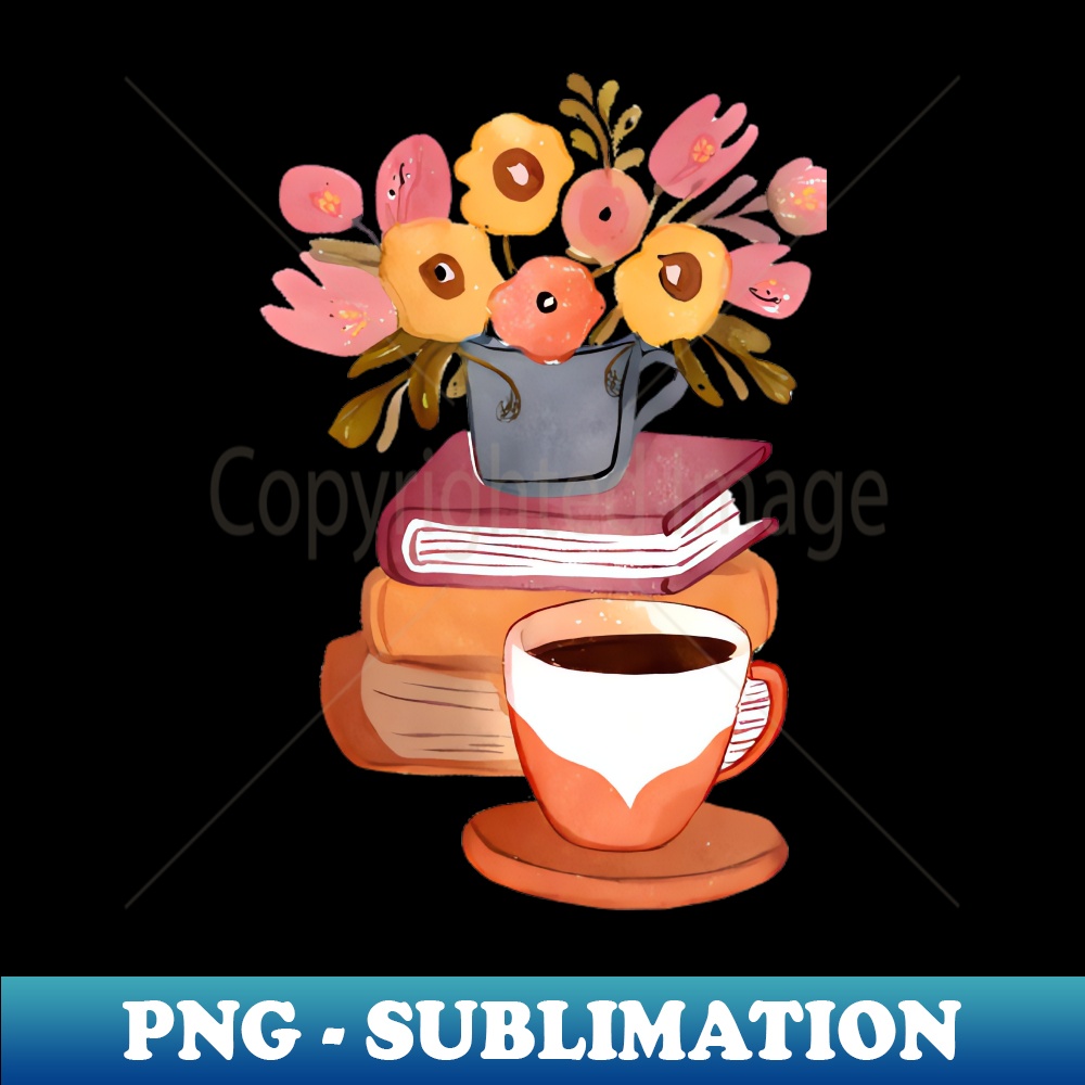 Cute Watercolor Books Flowers and Coffee Cup - PNG Transparent Sublimation File