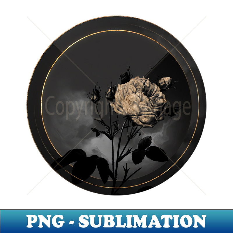 Shadowy White Provence Rose Botanical on Black and Gold - Sublimation-Ready PNG File